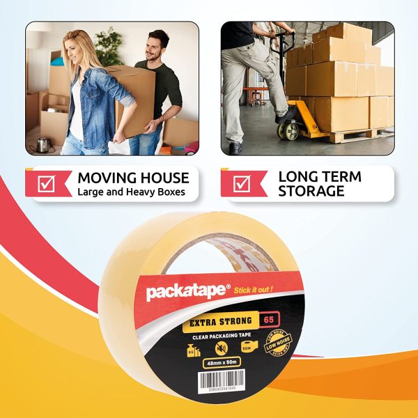 Packatape [Low Noise Tape] - [Extra Strong] Clear Packaging Tape 48mm x 50m Single Roll Ideal for Parcel, Packing, Packaging, Moving, Storage Cardboard Boxes