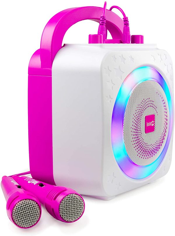 RockJam 10-Watt Rechargeable Bluetooth Karaoke Machine with Two Microphones, Voice Changing Effects & LED Lights - Pink - Image 10