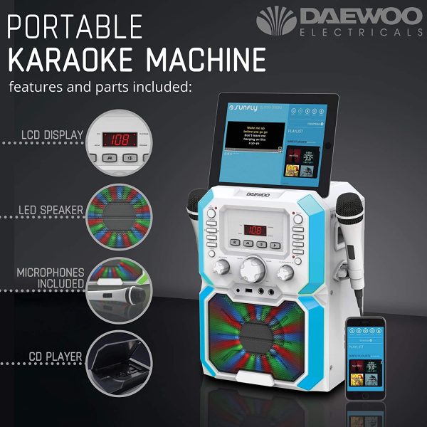 Daewoo Bluetooth Karaoke Machine with Voice Control and Echo Function, Two CD Disks Included, LED Lights, 2x6.3mm Microphone Jacks and 3.5mm AUX Input, CD, MP3, USB Connection, Record Live- White - Image 5