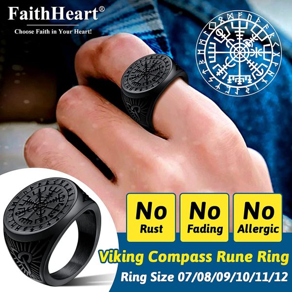 FaithHeart Norse Viking Jewellery Vegvisir Compass/Mjolnir/Valknut Runes Ring for Men Personalised Stainless Steel Signet Rings Size O - Y Finger Charm - Image 2