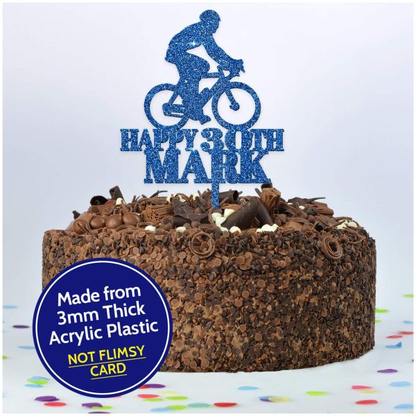 Happy Birthday Bicycle Cycling Cake Topper Decoration - PERSONALISED Mountain Bike ANY Age ANY Name Cake Toppers for Him, Son, Boys, Dad, Grandad, Kids - Gold Silver Black Wood Cake Decoration