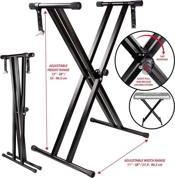 RockJam RJX29 Double Braced Adjustable Keyboard Stand with Locking Straps, Black - Image 2