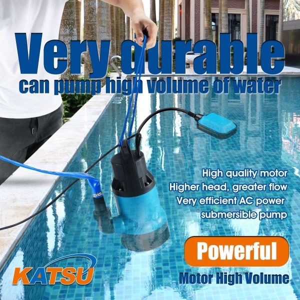 KATSU 400W Portable Submersible Pump for Clean and Dirty Water 8000L/h for Garden Pond, Pools, Ditches + 10m 1" PVC Hose + Quick Coupler Connector + Float Switch