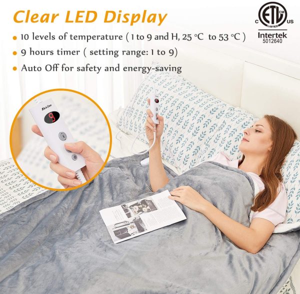 Electric Heated Blanket Throw Flannel Sherpa Fast Heating 120x160cm, 10 Heat Levels & Up-to-9-Hours Auto-Off Timer & LED Display, for Home Office Use, Machine Washable, ETL Certified, Grey - Image 3