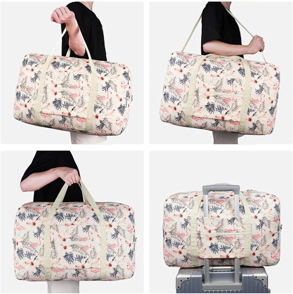 Packable Travel Duffel Bag Holdall Tote Carry on Luggage Weekender Overnight Sport Duffle for Kids Girls Women 40L (Beige Flamingo)