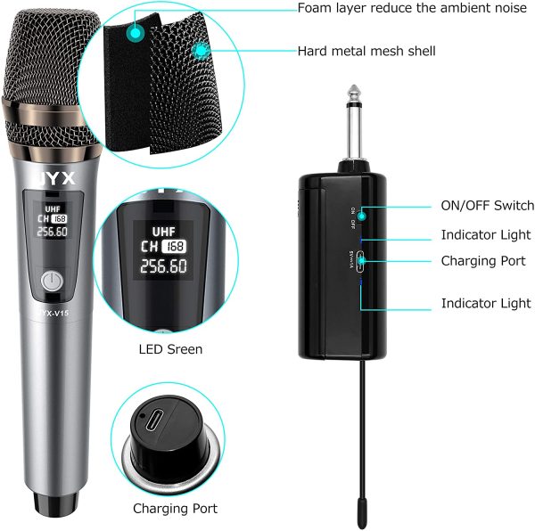 JYX Wireless Microphone, Dynamic Microphone for Karaoke with Receiver and Anti-Slip Ring, 80ft Transmission Distance, Rechargeable Mic System for Karaoke Night, Meeting, Compere, Party - Image 4