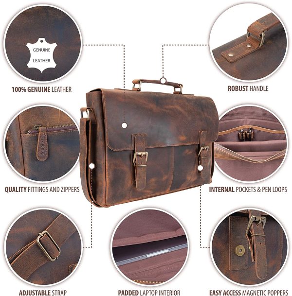 Leather Messenger Bag for Men & Rustic Messenger Bag for Women ?C Handmade, Genuine, Distressed Buffalo Leather ?C Padded Compartment to Use as 16 Inch Laptop Bag + Pockets & Adjustable Strap - Image 3