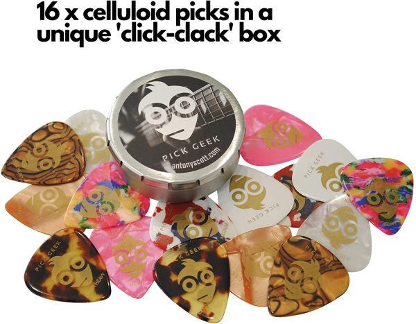 Pick Geek Guitar Picks | 16 Cool Custom Guitar Picks for your Electric, Acoustic, or Bass Guitar | X Heavy, Heavy, Medium, & Light | Presented in a Luxury Designed Metal Pocket Box | for Girls & Guys - Image 2