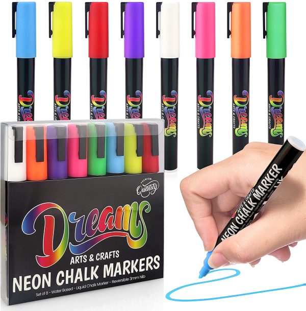 Premium Chalk Markers Fine Tip Neon Liquid Chalk Pens 3mm Washable Window Markers Set of 8 Pens