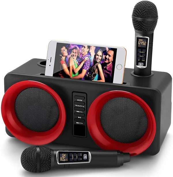 Karaoke Machine,Portable Bluetooth PA System With 2 Wireless microphone,Speaker with Mobile phone holder/USB/TF Card/AUX In,for home party,Meeting, Wedding, Church, Picnic, Outdoor/Indoor [Black] - Image 6