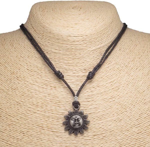 BlueRica Sun Pendant on Adjustable Black Rope Cord Necklace (Old Silver)