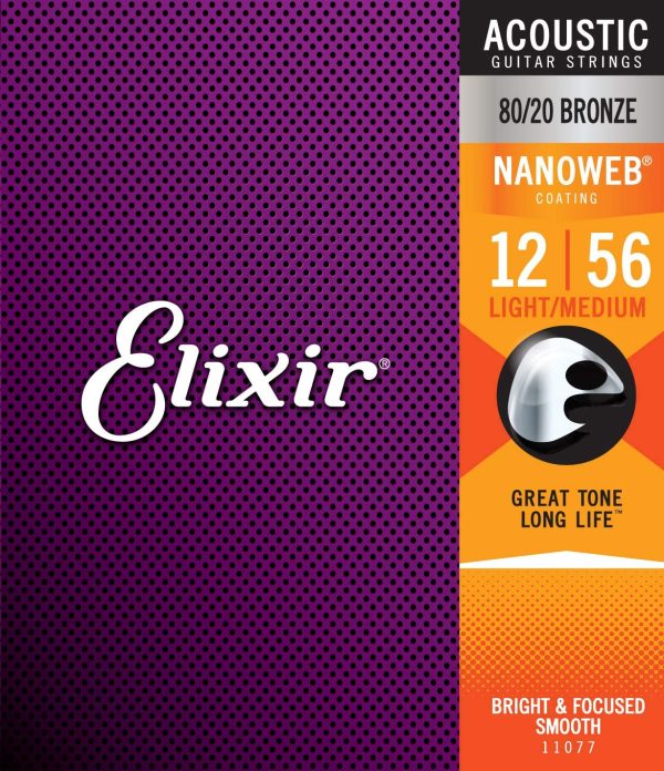 Elixir 11077 Strings 80/20 Bronze Acoustic Guitar Strings w NANOWEB Coating, Light/Medium (.012-.056) - Image 2