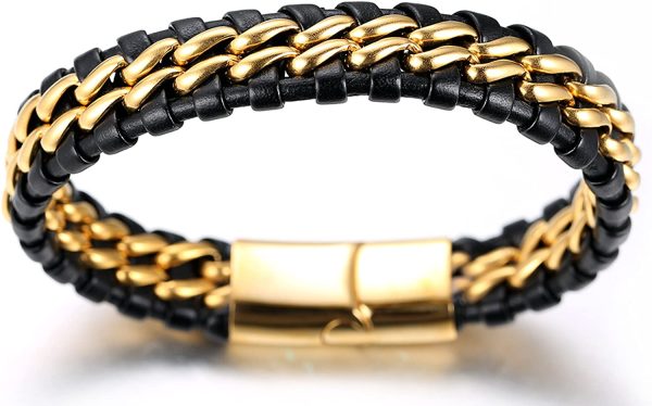 HALUKAKAH Boy's Kids Bracelet Leather ?? Solo Silver/Honour Gold ?? 6-12 Y/O. Titanium Chain Magnetic Clasp 7-8"/18cm with Free Giftbox - Image 2