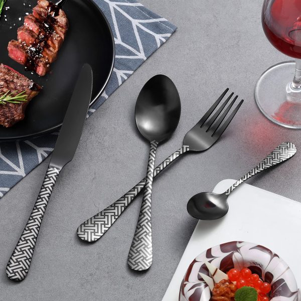 Cutlery Set,  16-Piece Matt Black Unique Pattern Design for Gift, Stainless Steel Flatware Set, Silverware Set with Spoon Knife and Fork Set, Service for 4, Dishwasher Safe - Image 2