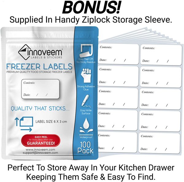 Innoveem Freezer Labels Easy Peel Off - Frozen Food Storage Labels That Leave No Sticky Residue After Use - Perfectly Sized (6 x 3cm) Easy to Write Surface with Any Pen or Biro. [100 Pack] - Image 3