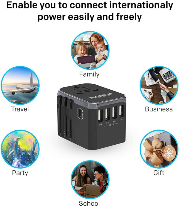 iBlockCube? Universal Travel AC Power Plug Adapter with International Socket & 4 USB 5.6A + 1 Type-C 3.0A Smart Ports Work for US EU AU UK up to 150+ Countries Worldwide Type A G I (Silver) - Image 5