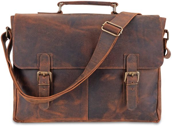 Leather Messenger Bag for Men & Rustic Messenger Bag for Women ?C Handmade, Genuine, Distressed Buffalo Leather ?C Padded Compartment to Use as 16 Inch Laptop Bag + Pockets & Adjustable Strap - Image 5