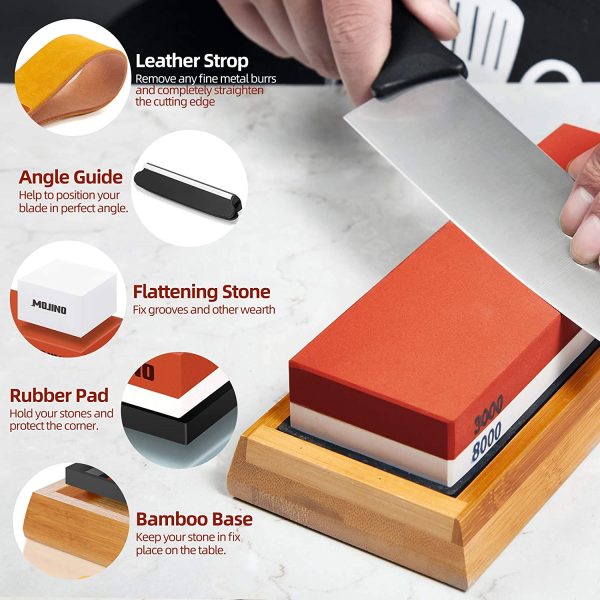 Knife Sharpening Stone Set,  Professional Sharpener Stone Kit 400/1000 3000/8000, Whetstone Kit With Non-slip Bamboo Base, Flatting Stone, Angle Guide, and Leather - Image 2