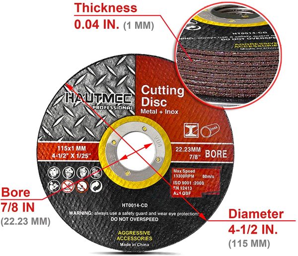 HAUTMEC Metal Cutting Discs 115mm x 1.0mm x 22.23mm 10pcs, Cut Metal, Stainless Steel, Steel and Non-Ferrous Metals, Cut-Off Wheels for Angle Grinder Use HT0014-CD - Image 3