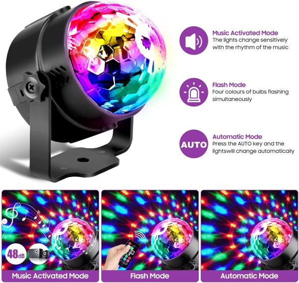 Disco Lights, 360??Rotation Sound Activated Disco Ball Lights with 4M/13ft USB Power Cable, 3W RGB Party Lights with Remote Control for Kids Birthday, Family Gathering, Christmas Party,Home-USB Powered - Image 6