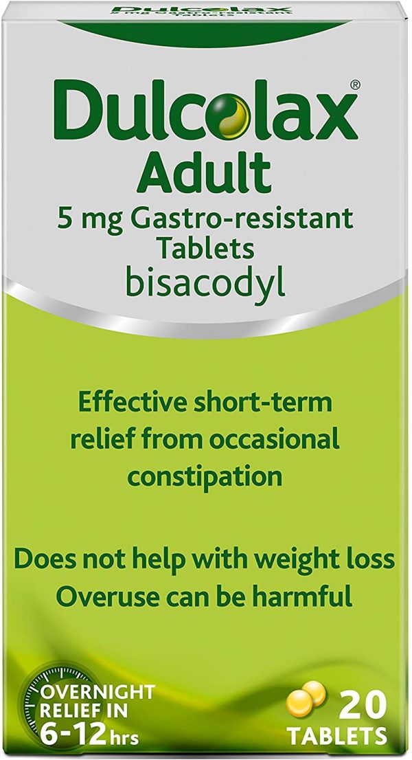 Dulcolax Adult 5 mg Gastro-resistant Tablets - Overnight Relief from Occasional Constipation in 6-12 Hours- Pack of 20 Laxative Tablets