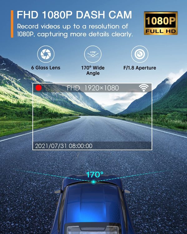 Dash Cam WiFi FHD 1080P Car Dashcam Recorder, Dashcams for Cars with SD Card Included, Night Vision, 170 degrees Wide Angle, WDR, Loop Recording, G-sensor, Parking Monitor, Motion Detection - Image 4