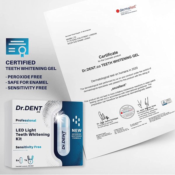 DrDent Professional LED Teeth Whitening Kit - Sensitivity Free Formula - 8 Teeth Whitening Gel Pods 33.6ml - Helps to Remove Stains - Includes Mouth Tray & Shade Guide - Rapid & Effective Results - Image 4