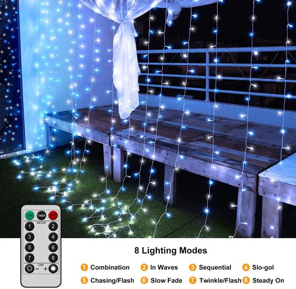 2M x 2M Curtain Light Mains Powered Backdrop Window Curtain Light Christmas Fairy Lights Plug in Linkable,204 LED,Remote for Easter Indoor Gazebo Decor(Blue+White) - Image 2