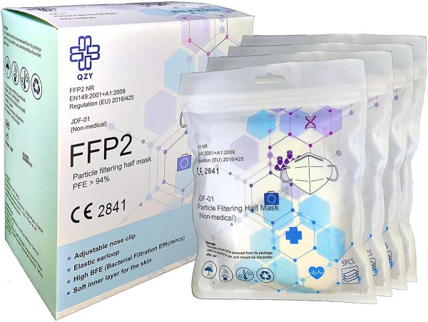 QZY FFP2 protection mask - Box of 20 pieces - CE Certified With Elastics & Adaptable se Clip, 5 Filtration Layers, Protection For Exterior And Interior