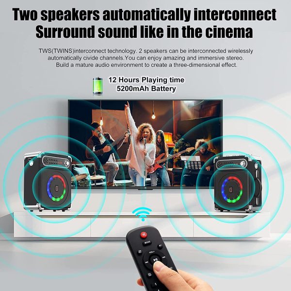 JYX Karaoke Machine with Two Wireless Microphones, Portable Bluetooth Speaker with Bass/Treble Adjustment, Remote Control and LED Lights, Supports TF Card/USB, AUX IN, FM, REC for Party-Black - Image 7