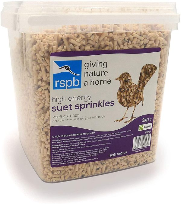 RSPB High Energy Sprinkles Wild Bird Food, 3 kg Tub, Contains Premium UK Suet, mixed with Raisins, Nyjer Seed & Sunflower Hearts, Supporting the RSPB Charity