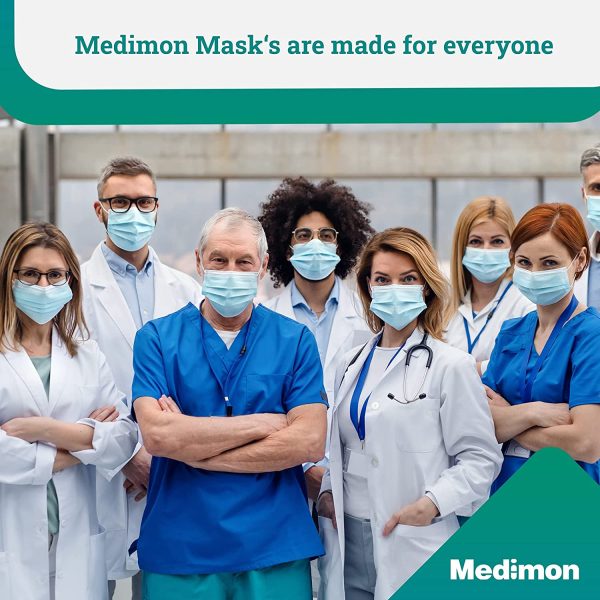 Medimon Medical Grade Type IIR Mask (EN14683:2019 Certified) 98% BFE Filtration 3 Ply Layer Disposable Blue Surgical Face Masks - Fluid Resistant Protection Facemask Covering Nose Clip - 50 Box - Image 2