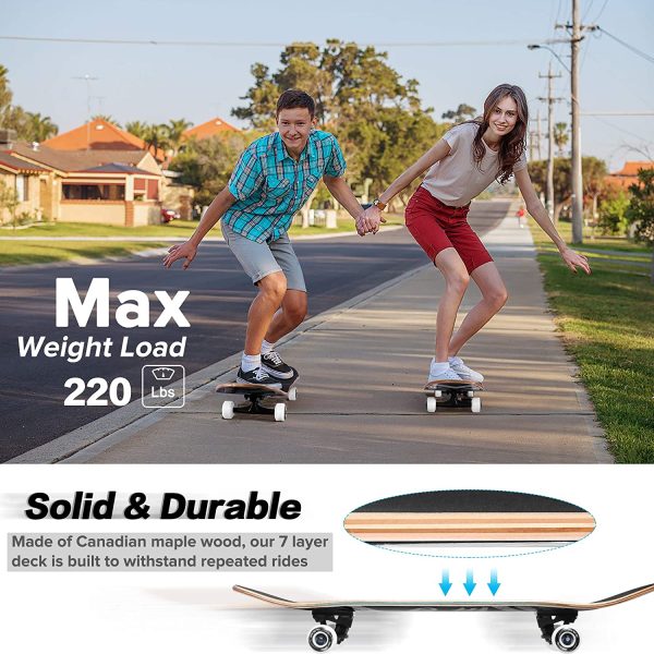 Complete Skateboard, 7-Layer Maple Wood Deck Double Kick Standard Skateboards with All-in-One Skate Tool, for Kids, Teens, Adult, Beginner (31 x 8 Inch) - Image 4