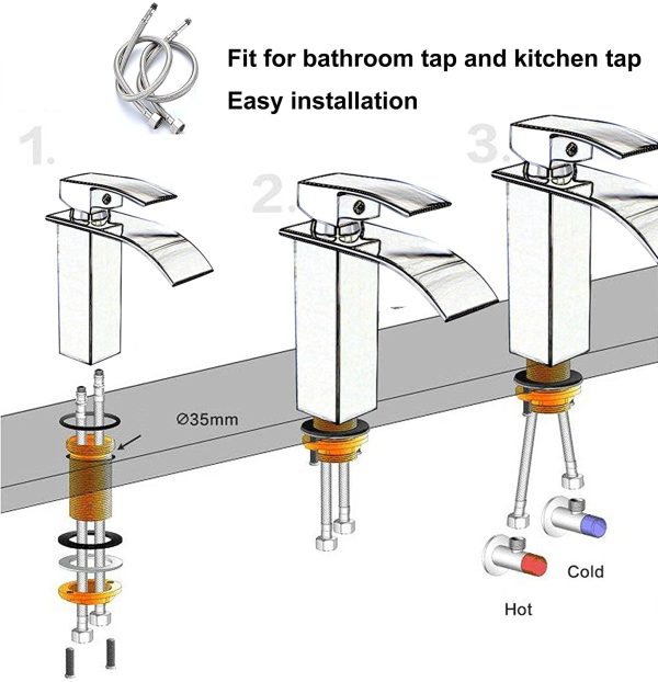 Pack of 2 Kitchen/Basin Monobloc Mixer Tap Connectors Flexi Pipes Tails British Standard Pipe M10 x1/2 Fitting 600mm Long (Silver Pipes) - Image 4