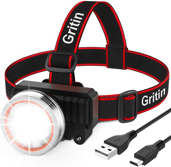 Gritin  Head Torch, USB Rechargeable Headlamp Headlight - Super Bright 2000 Lumens, Motion Sensor, 90?? Adjustable Rotating, 4 Light Modes, Long Battery Life - Ideal for Running, Camping, etc. - Image 7