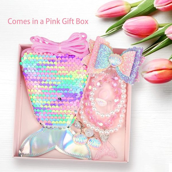 MEETANG Girls Jewellry Set Kids Jewellery Toy Kit with Sequins Mermaid Tail Purse Bag Necklace Bracelet Ring Earrings Bow Knot Hair Clip Shiny Rainbow Color Plastic - Image 4