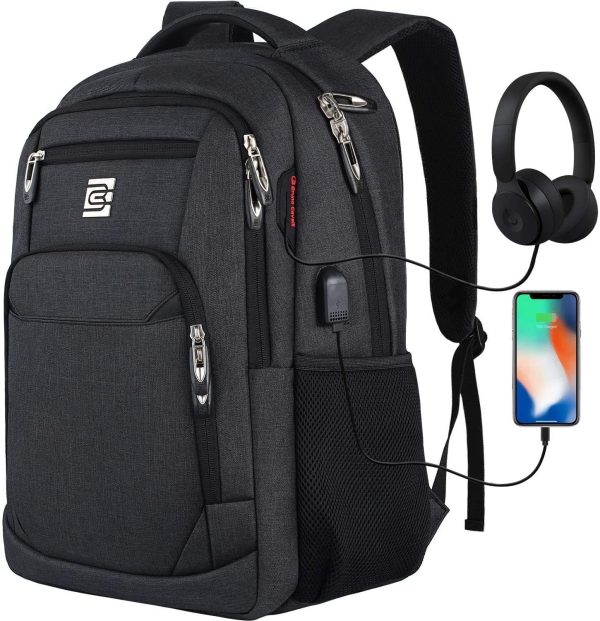 Laptop Backpack with USB Charging&Headphone Port,Anti-Theft Business Laptop Backpack with Breathable Padded Shoulder Strap, Water Resistant Computer Rucksack for School/Work/Travel (15.6 Inch, Black) - Image 7