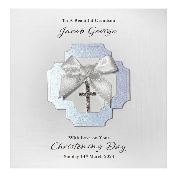 Personalised Christening Card Diamant?? Cross Charm Handmade - Boy