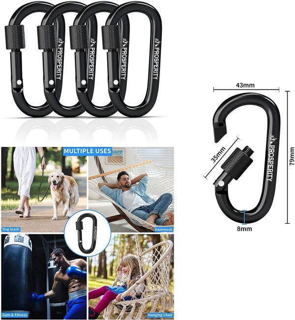 Prosperity UK Carabiner Clip 4 pcs | Strong  Aluminium Hook D-shaped D-ring locking spring snap mechanism with screw Use:keychain, hiking, camping, traveling, fishing, lifting. - Image 7