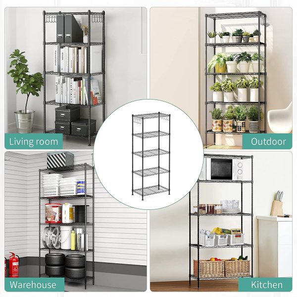 alvorog 5 Tier Shelving Units for Storage, Multipurpose Storage Shelves with 10 Hooks, Adjustable Height, Heavy Duty Metal Structure Organizer Pantry Shelves for Bathroom Kitchen Garage(59X34X150cm) - Image 2