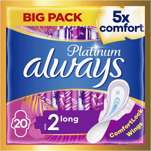 Always Platinum Long (Size 2) Pads With Wings 80 Sanitary Towels, Leak Guard, Odour lock, Soft topsheet with 1000 microcushions