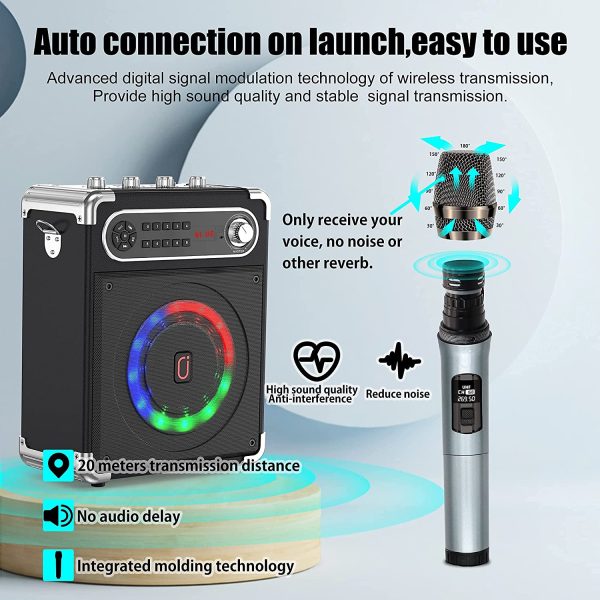 JYX Karaoke Machine with Two Wireless Microphones, Portable Bluetooth Speaker with Bass/Treble Adjustment, Remote Control and LED Lights, Supports TF Card/USB, AUX IN, FM, REC for Party-Black - Image 3