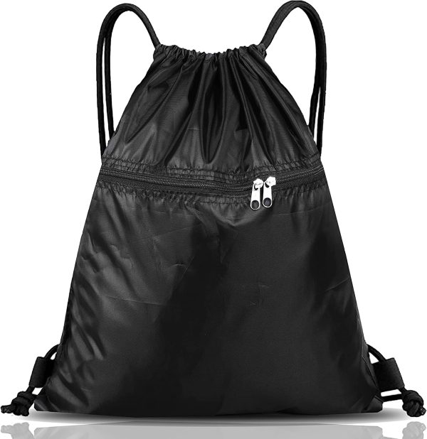 Drawstring Bag String Gym Sack Drawstring Sports Bag Swim Men Women Sack Outside Pocket Zipper PE Backpack Beach School Holidays Swimming Travel Boy Girl Waterproof (Black) - Image 5