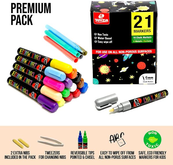 Buyzia Liquid Chalk Pens 6mm 21 Pack (16 Neon + 5 metallic Markers) for Non Porous Surfaces Reversible Tip - Image 3