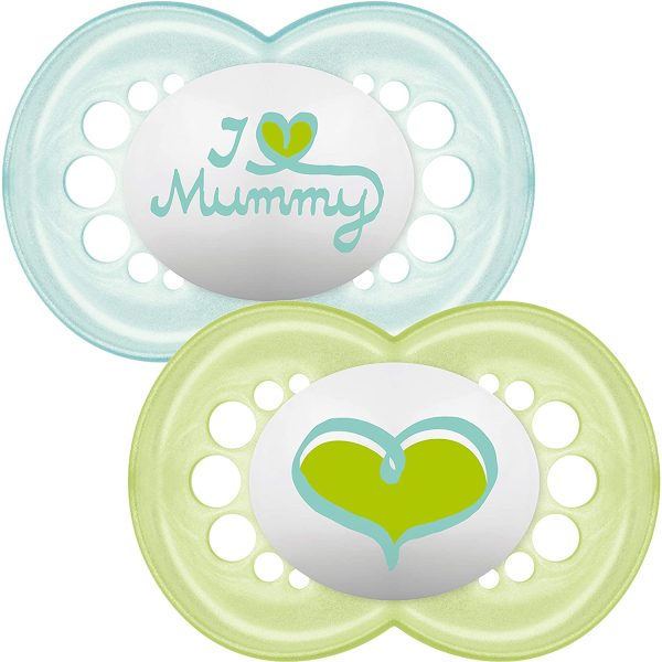 MAM Style 6+M Soother I Love Mummy (Pack of 2), Baby Essentials Set with Two Butterfly-Shaped Soothers, Includes Steriliser Case, Blue