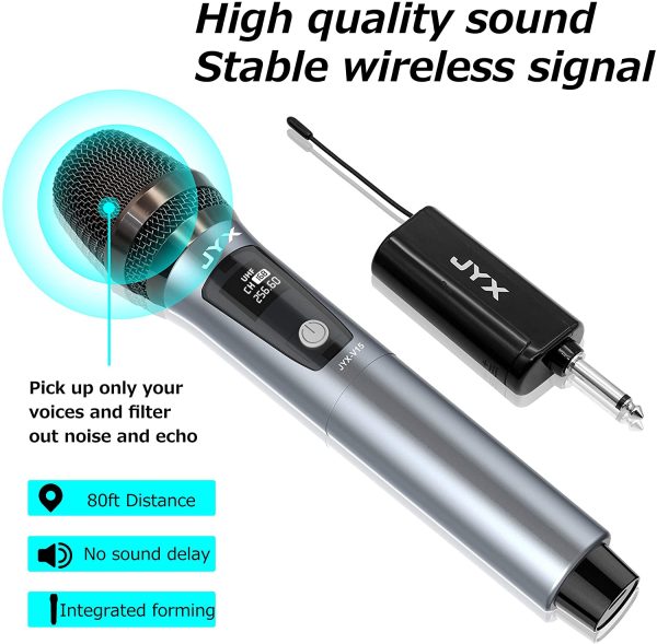 JYX Wireless Microphone, Dynamic Microphone for Karaoke with Receiver and Anti-Slip Ring, 80ft Transmission Distance, Rechargeable Mic System for Karaoke Night, Meeting, Compere, Party - Image 6