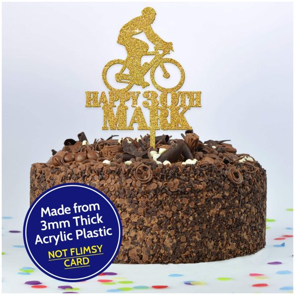 Happy Birthday Bicycle Cycling Cake Topper Decoration - PERSONALISED Mountain Bike ANY Age ANY Name Cake Toppers for Him, Son, Boys, Dad, Grandad, Kids - Gold Silver Black Wood Cake Decoration - Image 2