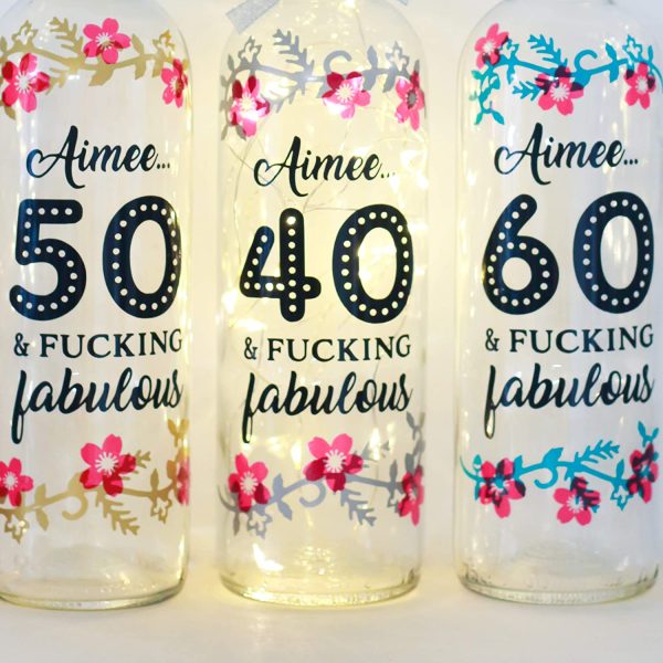 Personalised 40th Birthday Gifts for her, Forty and Fabulous, Funny Bottle Light