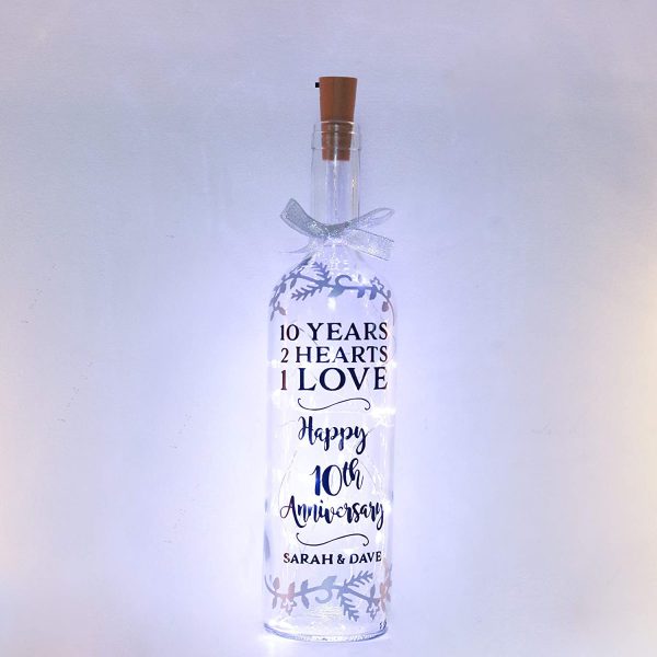 Personalised 10th Wedding Anniversary Gifts, 10 Years, Aluminium, Tin, Handmade Bottle Light