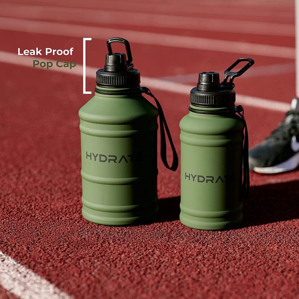 HYDRATE Stainless Steel 1.3 and 2.2 Litre Water Bottle Options - BPA-free Metal Gym Water Bottle - Convenient Nylon Carrying Strap and Leak-Proof Screw Cap